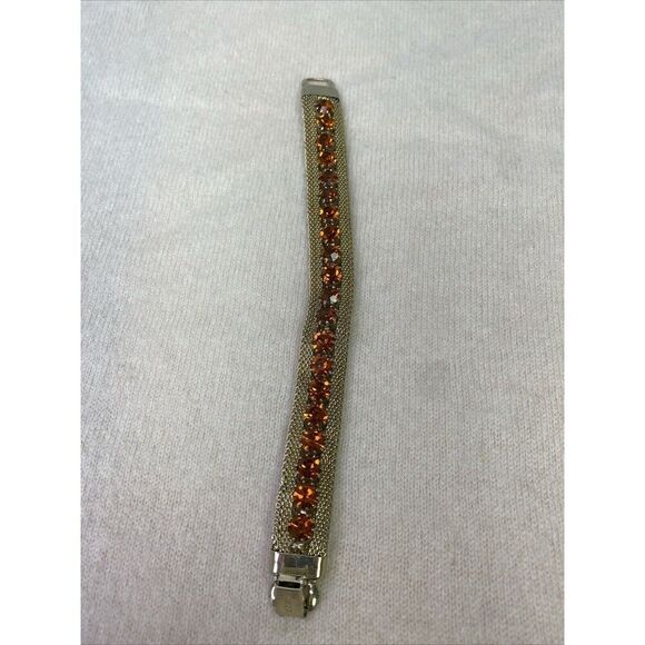 Weiss Gold Tone Mesh Amber Orange Rhinestone Necklace & Bracelet Set Vintage - Picture 15 of 16